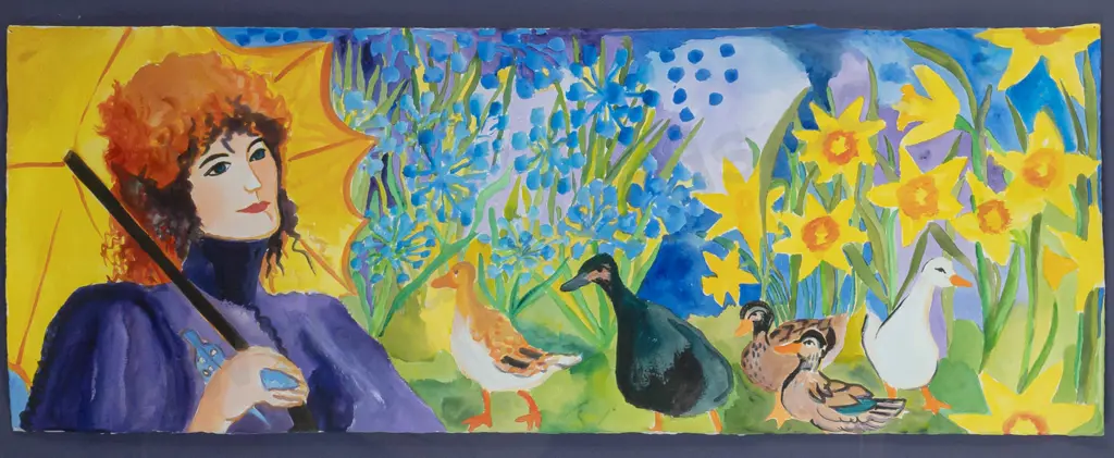 Pamela Brown - framed watercolour - woman and ducks H280 W770 Image 1++