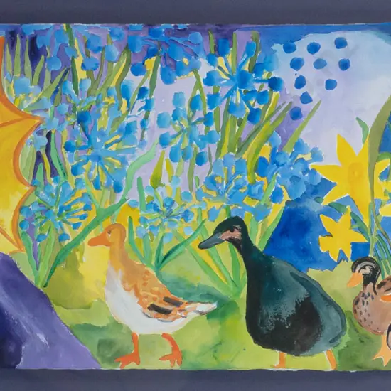 Pamela Brown - framed watercolour - woman and ducks H280 W770