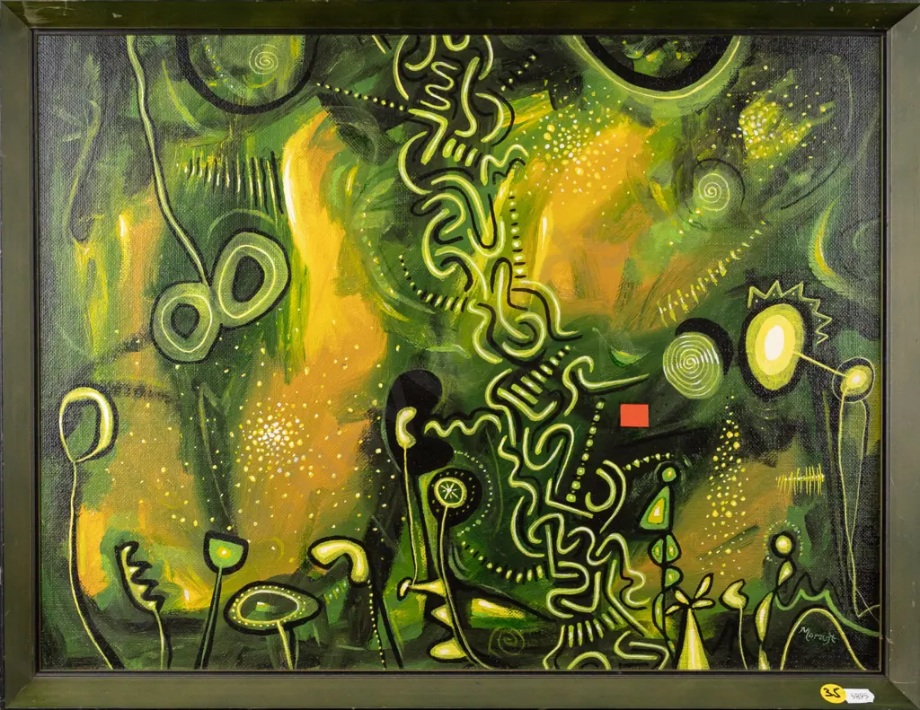 Keith Morant 1985 - framed oil "Green Painting" H360 W480 (slight scratching to frame) Image 1++