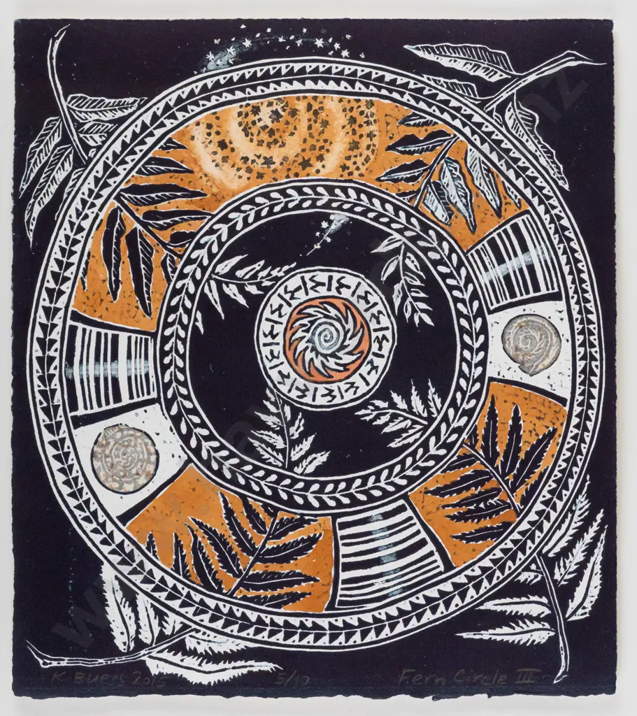 K Buess 2015 - framed woodcut print 5/10 "Fern Circle II" H280 W230 Image 1++