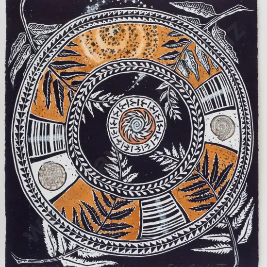K Buess 2015 - framed woodcut print 5/10 "Fern Circle II" H280 W230