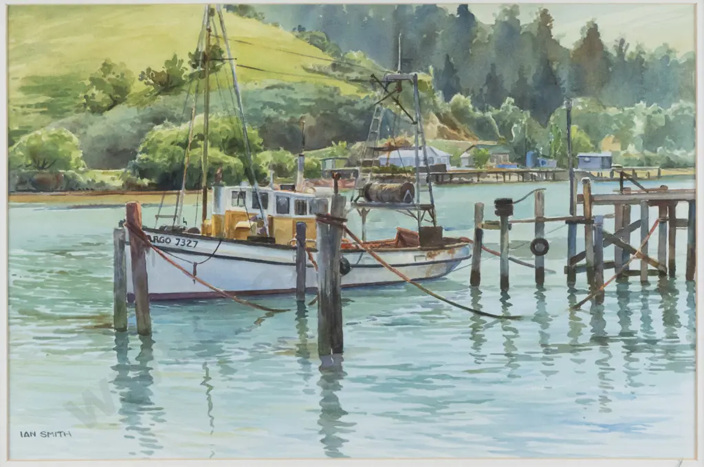Ian Smith - framed watercolour "Argo At The Wharf, Careys Bay" H230 W340  (underside of glass needs a clean) Image 1++