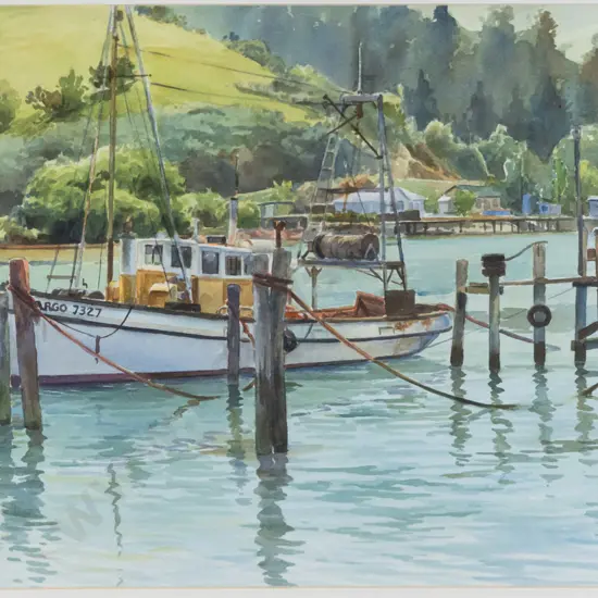 Ian Smith - framed watercolour "Argo At The Wharf, Careys Bay" H230 W340  (underside of glass needs a clean)