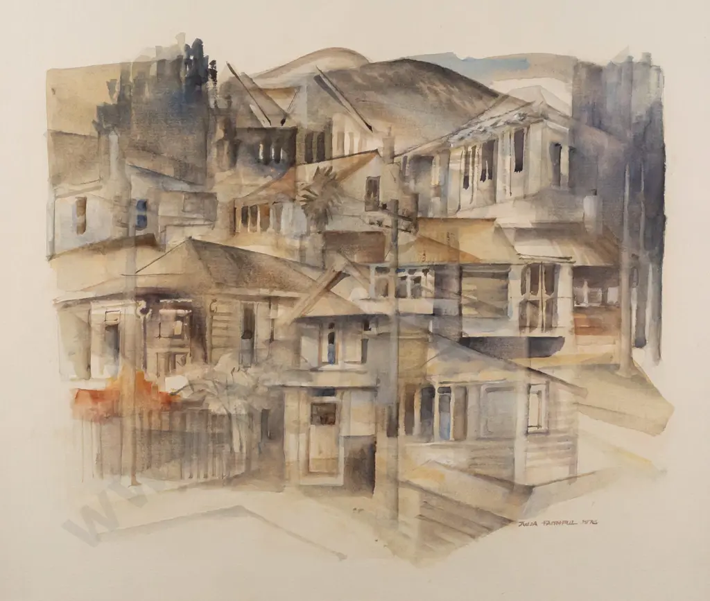 Julia Faithful 1976 -  framed watercolour - city scape H320 W360 Image 1++
