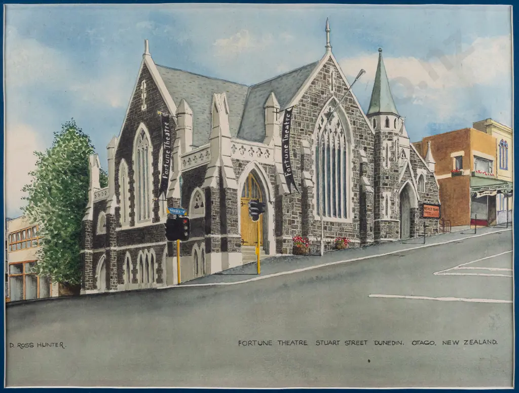 D Ross Hunter - framed watercolour "Fortune Theatre Stuart Street Dunedin" H280 W370 Image 1++