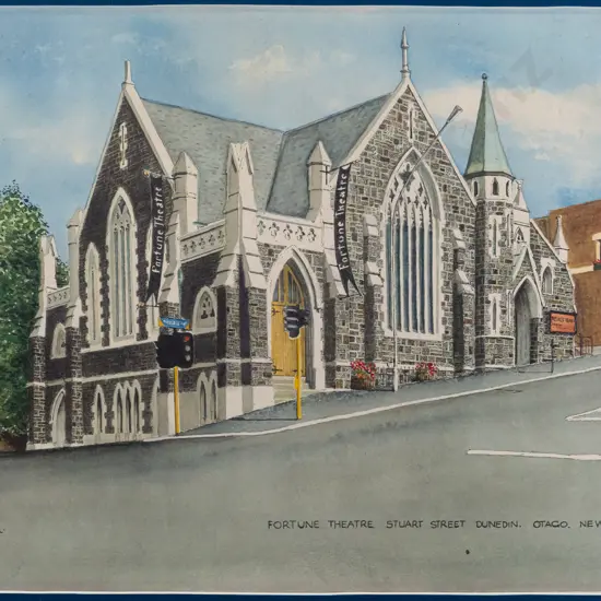 D Ross Hunter - framed watercolour "Fortune Theatre Stuart Street Dunedin" H280 W370
