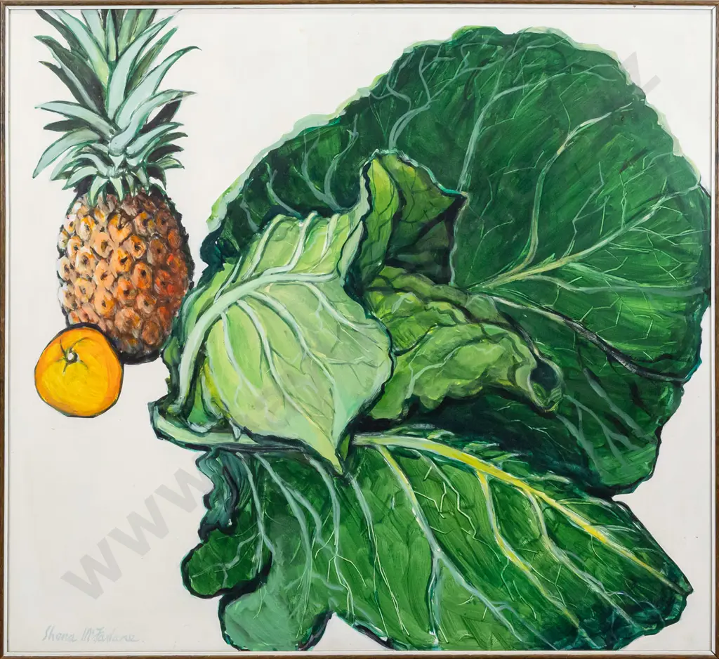 Shona McFarlane 1973 - framed oil on board "Cabbage with fuit" H550 W610 Image 1++