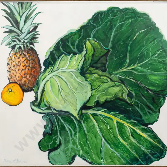 Shona McFarlane 1973 - framed oil on board "Cabbage with fuit" H550 W610