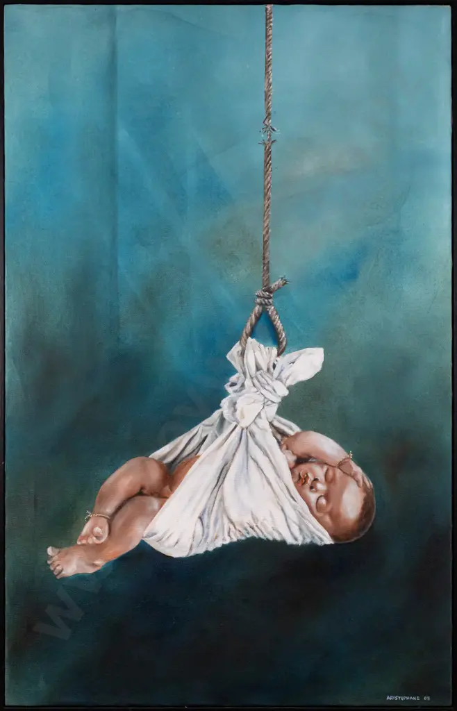 Aristophane Tsinga 2008 - framed acylic on canvas "La Vie Tenant Sur Un Fil" H1090 W700 Image 1++