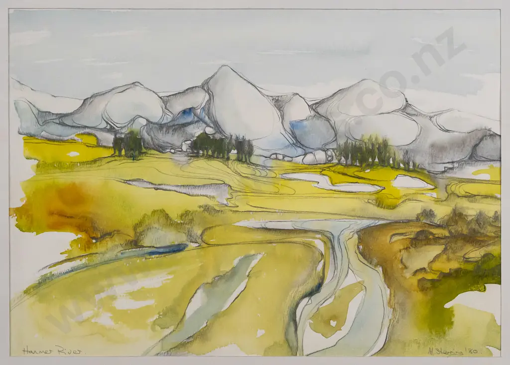 M Sterning '80 - unframed pencil and watercolour - river and mountain scene H235 W335 Image 1++