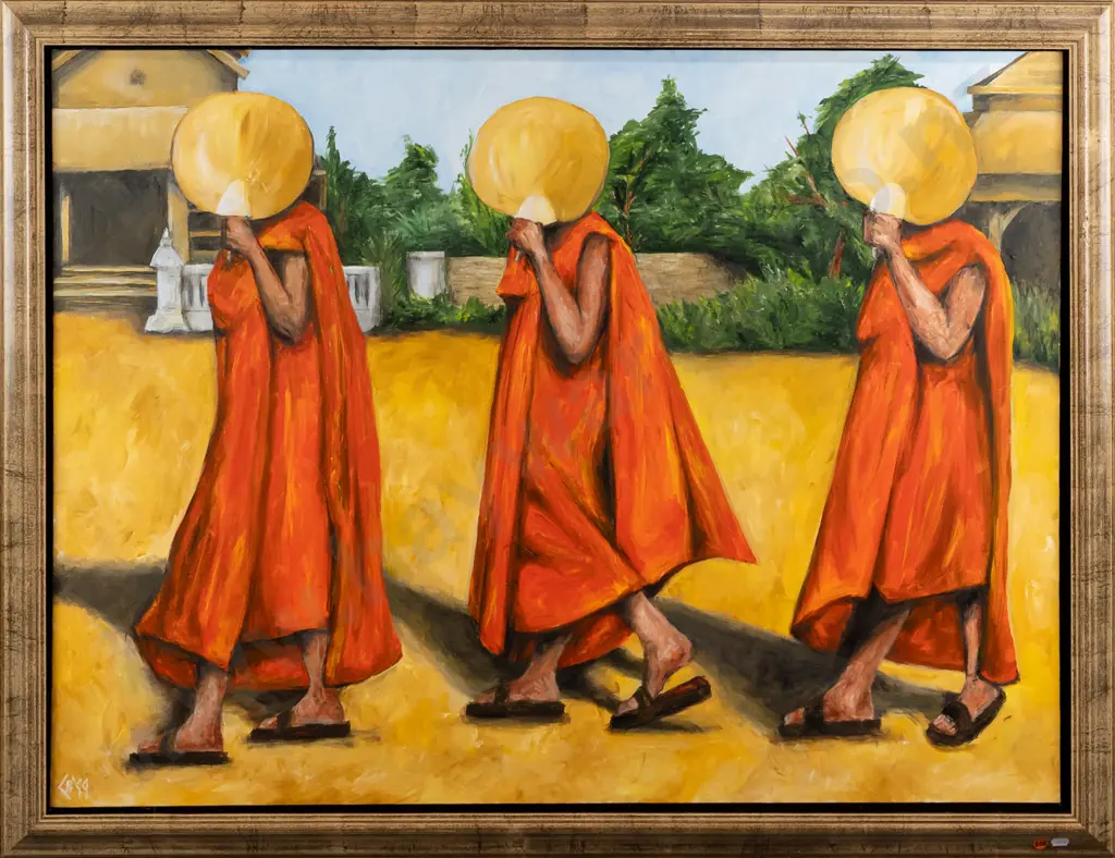 illegible signature - framed acrylic - Thai Monks H760 W1000 Image 1++