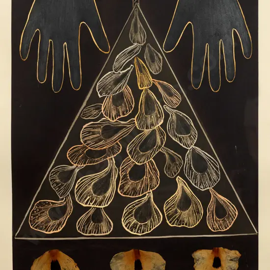 Marilynn Webb 1989 - framed linocut  3/12 "Protection work Pale poppy 2" H540 W370