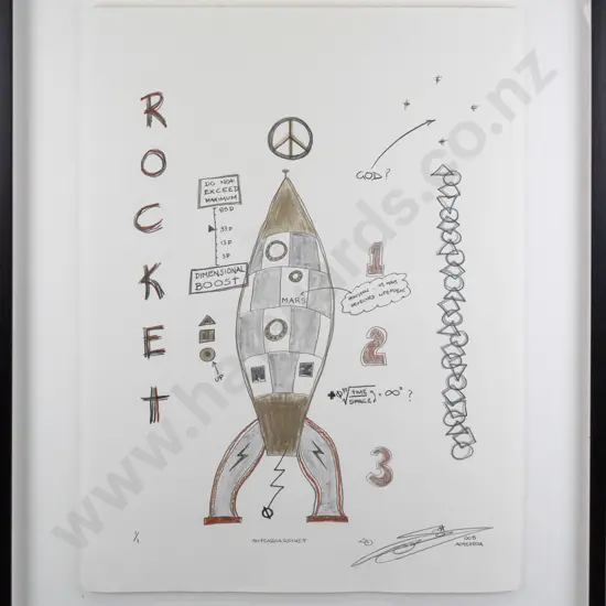 Makouri Scott '08 - framed mixed media "Aotearoa Rocket" H750  W560