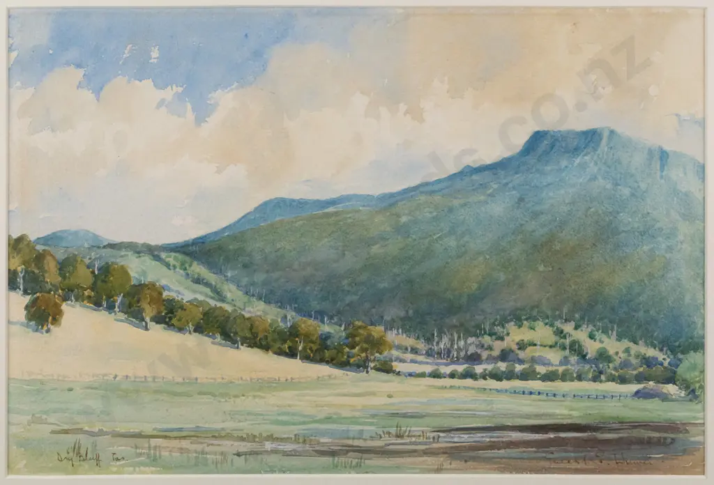 Ernest E Unwin - framed watercolour  "Dry Bluff Northern Tasmania" H230 W340 Image 1++