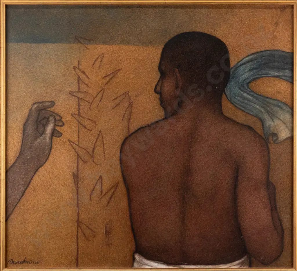 Chandra Bhattacharya 2001 - framed oil on canvas - male portrait from behind, with hand H590 W640 Image 1++
