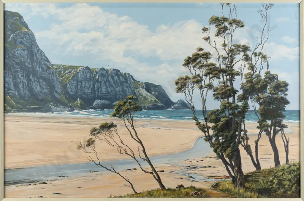 Lily Thomson 1998 - framed acrylic on board "Purakanui Bay, South Otago" H390 W590 Image 1++