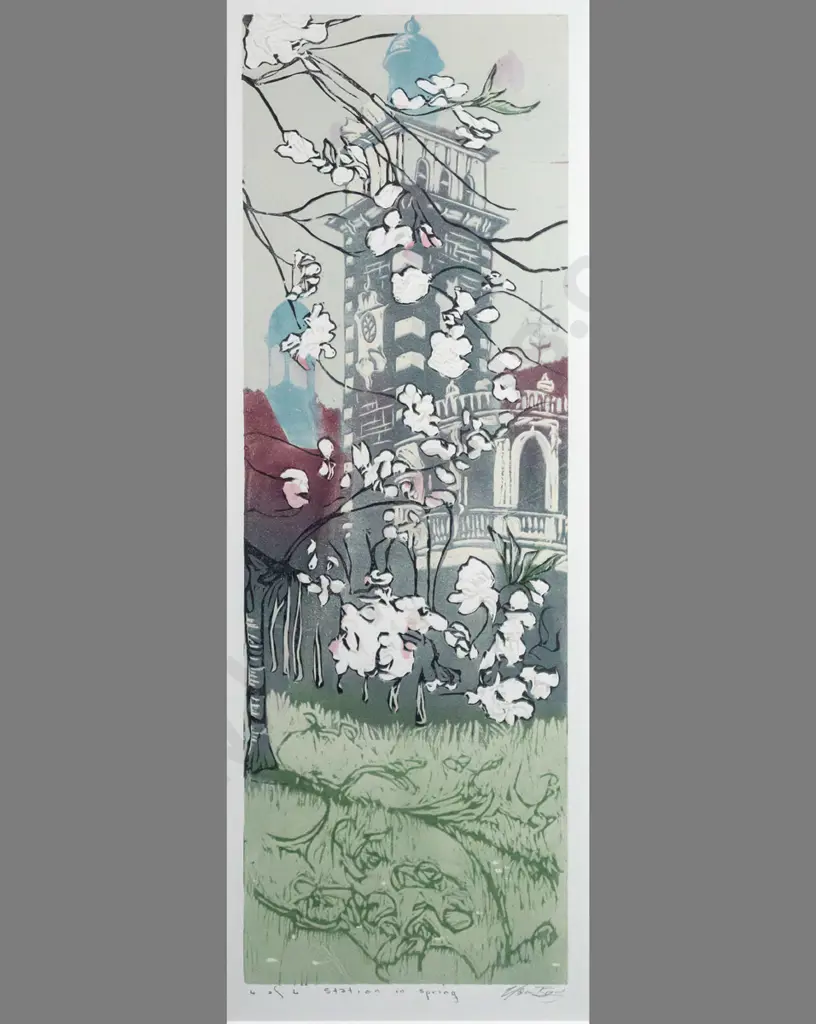 Manu Berry - framed wood block print 4/4 "Station in spring" H560 W190 Image 1++