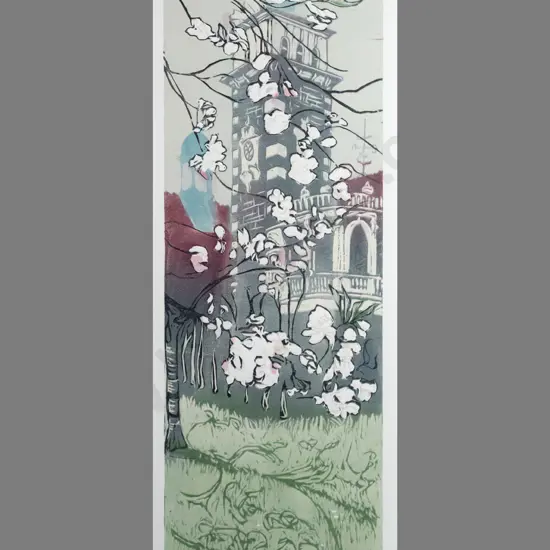 Manu Berry - framed wood block print 4/4 "Station in spring" H560 W190