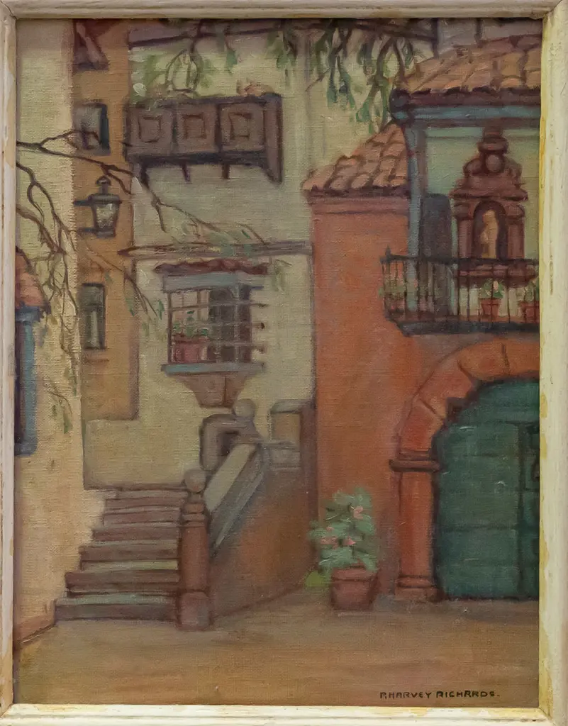 P Harvey Richards 1949, Barcelona  - framed oil on board "The Pueblo Esplanole"  H330 W240 Image 1++