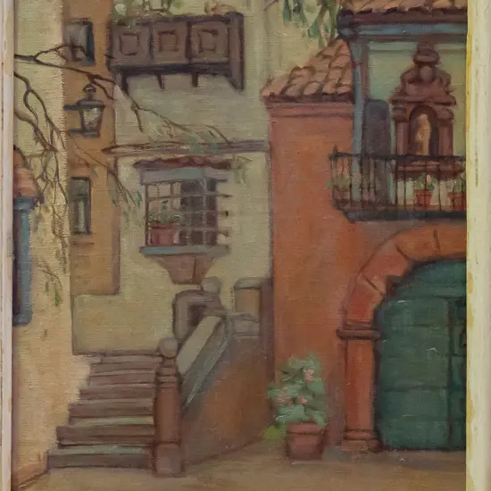 P Harvey Richards 1949, Barcelona  - framed oil on board "The Pueblo Esplanole"  H330 W240