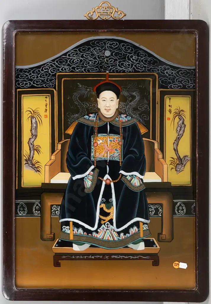 framed Chinese ancestor painting on glass H540 W38 Image 1++