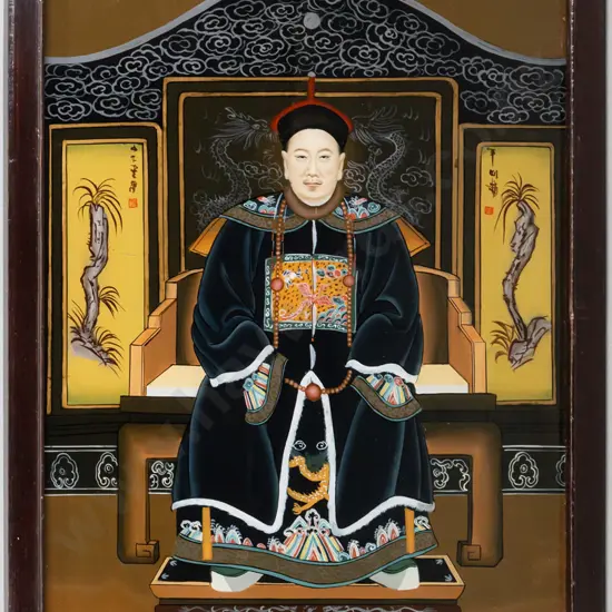 framed Chinese ancestor painting on glass H540 W38