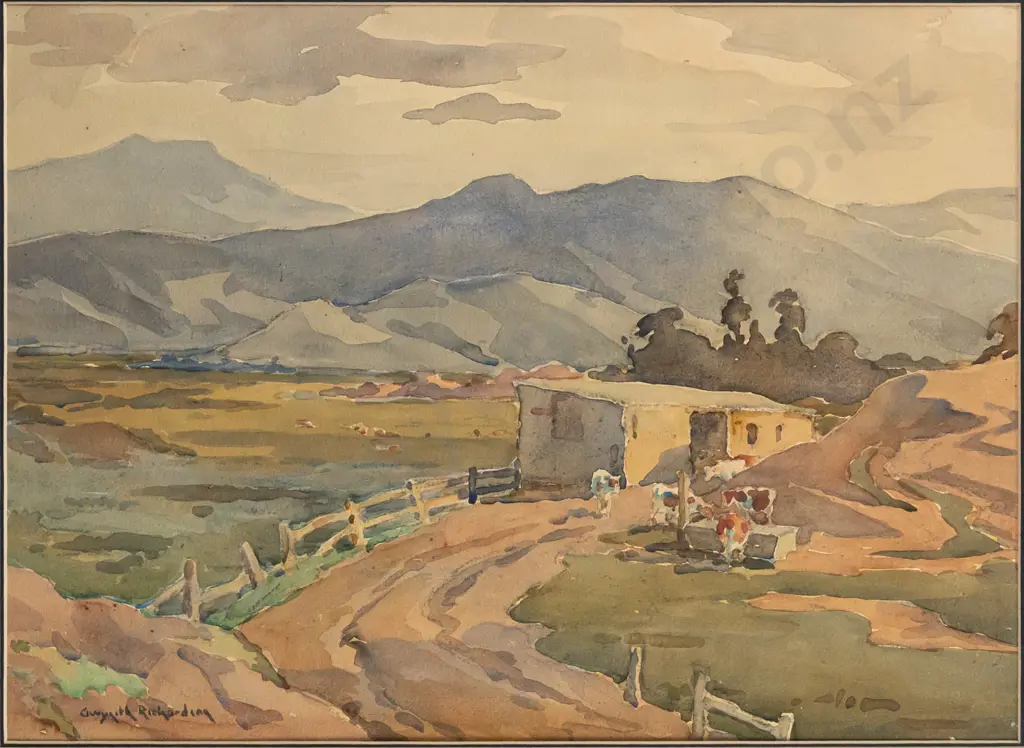 Gwyneth Richardson - framed watercolour "Otago Landscape" H350 W450 Image 1++