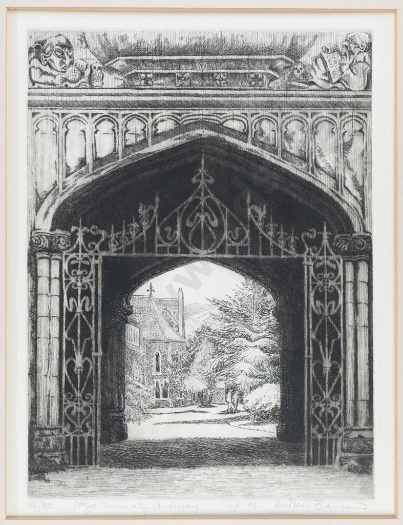 Audrey Bascand - framed etching 56/180 "Otago University Archway" H300 W200 Image 1++