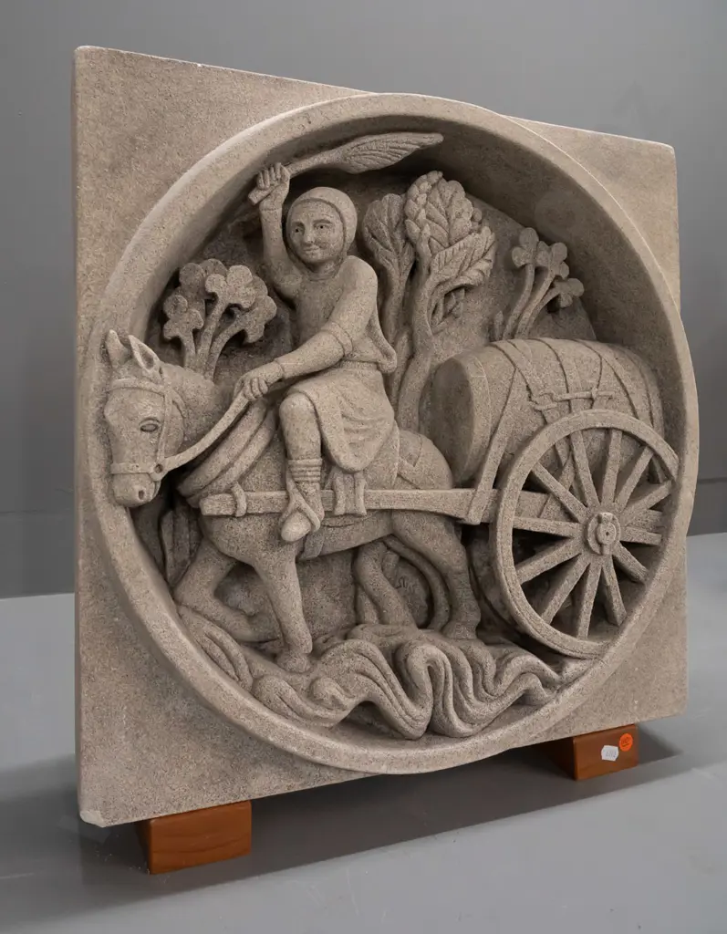 Marcus Wainwright stone sculptural relief carving - Saint Lubin with donkey and cart, with 2 wooden stands. Image 1++