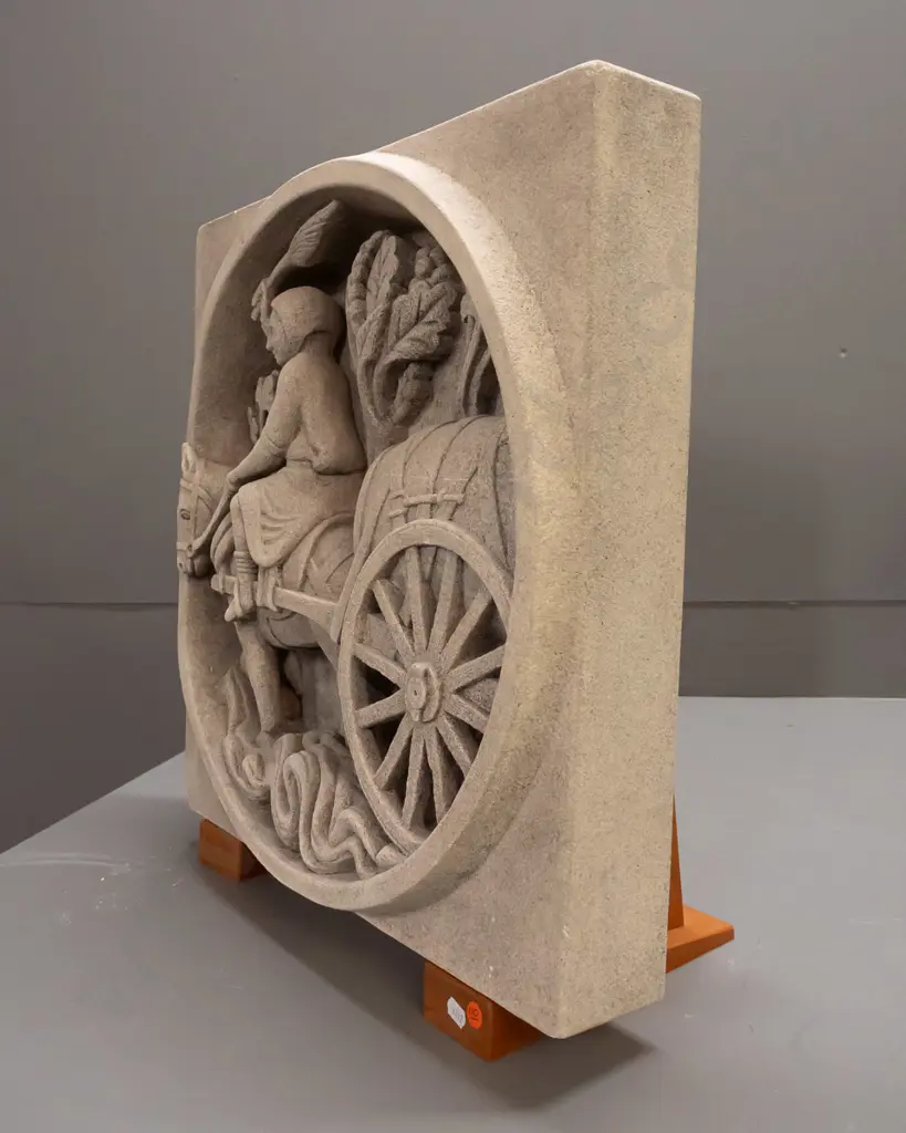 Marcus Wainwright stone sculptural relief carving - Saint Lubin with donkey and cart, with 2 wooden stands. Image 1++