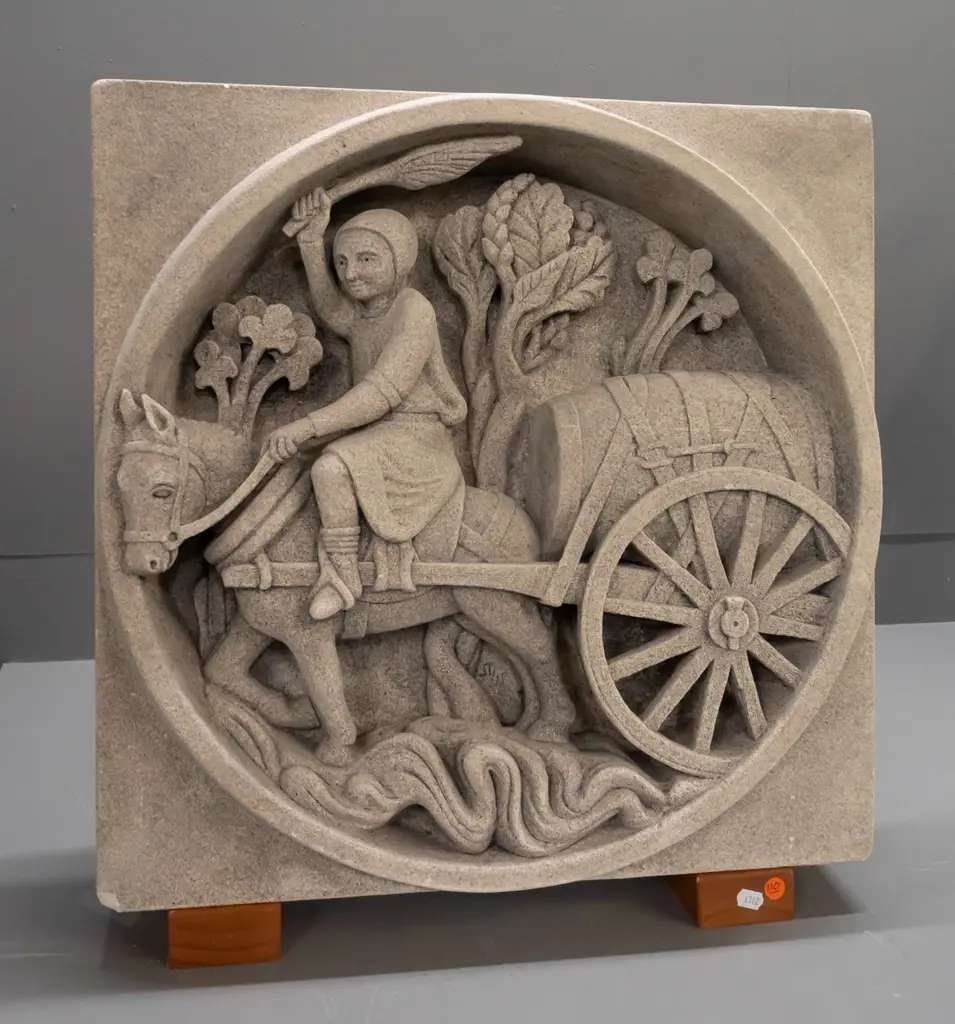 Marcus Wainwright stone sculptural relief carving - Saint Lubin with donkey and cart, with 2 wooden stands. Image 1++