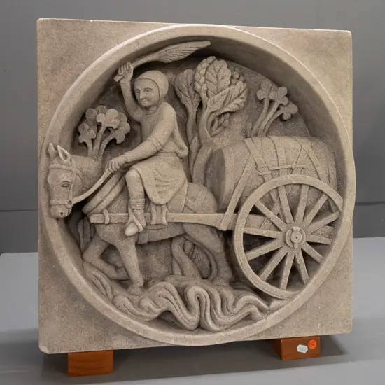 Marcus Wainwright stone sculptural relief carving - Saint Lubin with donkey and cart, with 2 wooden stands.