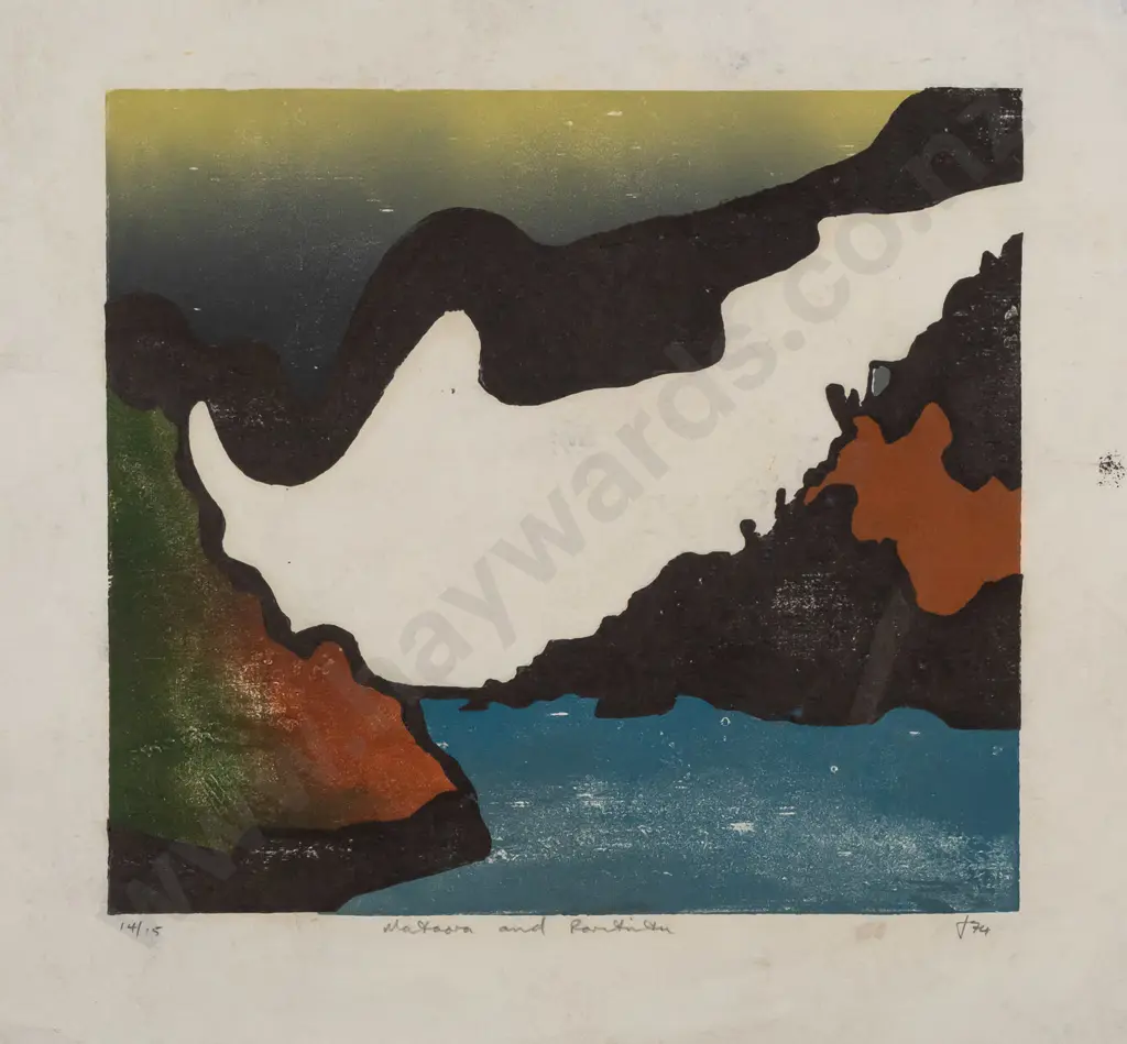 J '74 - unframed screenprint 14/15 - illegible title H225 W255 (slight creasing and age marks) Image 1++