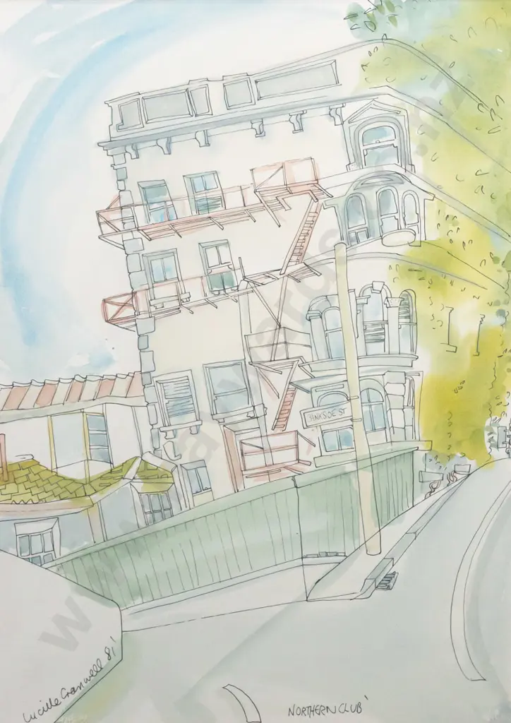 Lucille Cranwell '81 - framed ink and watercolour "Northern Club" H510 W350 Image 1++