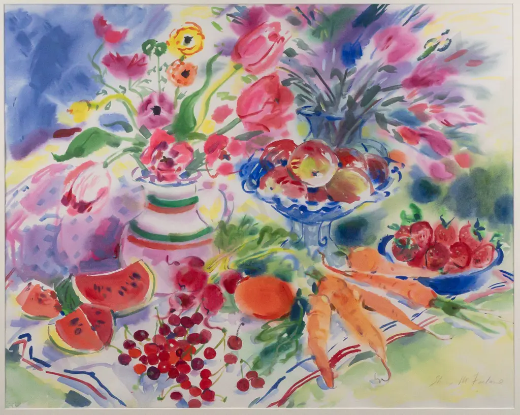 Shona Mcfarlane 1997 - framed acrylic "Tulips and other things" H560 W700 Image 1++