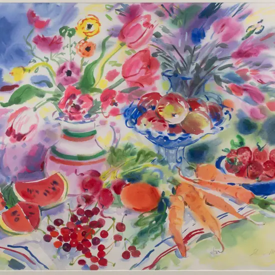 Shona Mcfarlane 1997 - framed acrylic "Tulips and other things" H560 W700