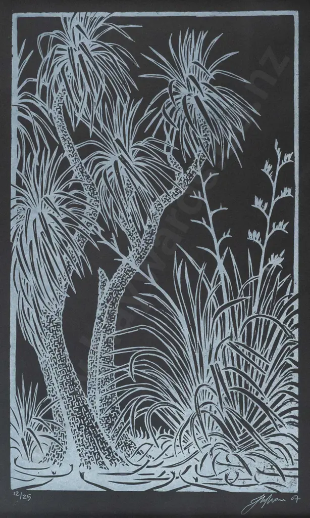 Jono More 07 - wood block print 15/25 - "Cabbage tree with flax " H440 W260 Image 1++