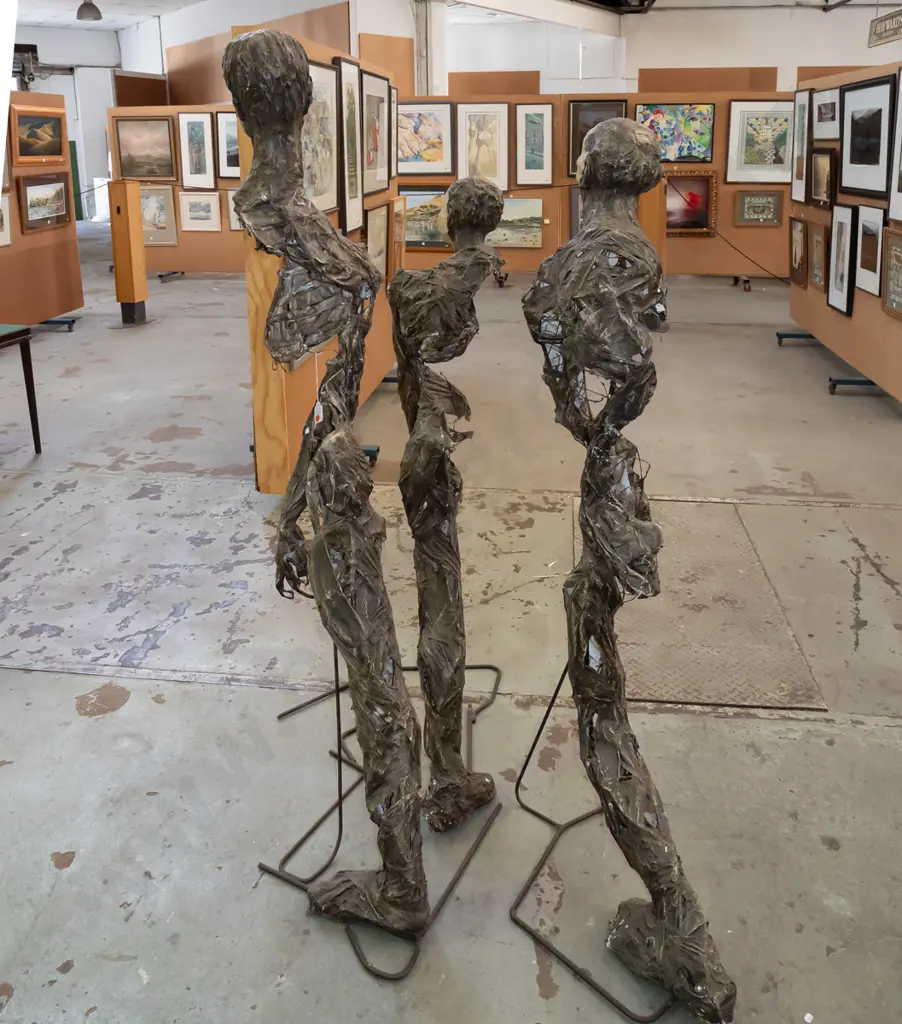 group of 3 abstract figural sculptures - mixed media with fired pottery heads over metal frame - tallest is H-1720 Image 1++