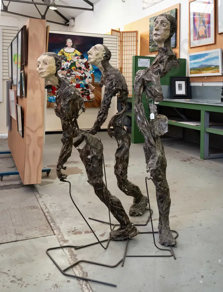 group of 3 abstract figural sculptures - mixed media with fired pottery heads over metal frame - tallest is H-1720 Image 1++