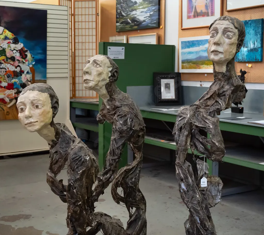 group of 3 abstract figural sculptures - mixed media with fired pottery heads over metal frame - tallest is H-1720 Image 1++