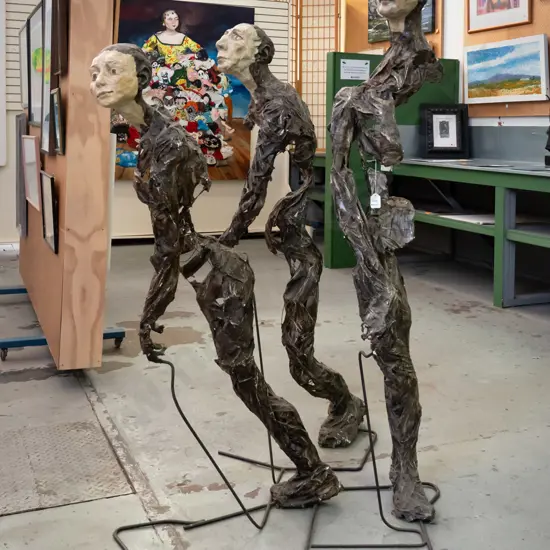 group of 3 abstract figural sculptures - mixed media with fired pottery heads over metal frame - tallest is H-1720