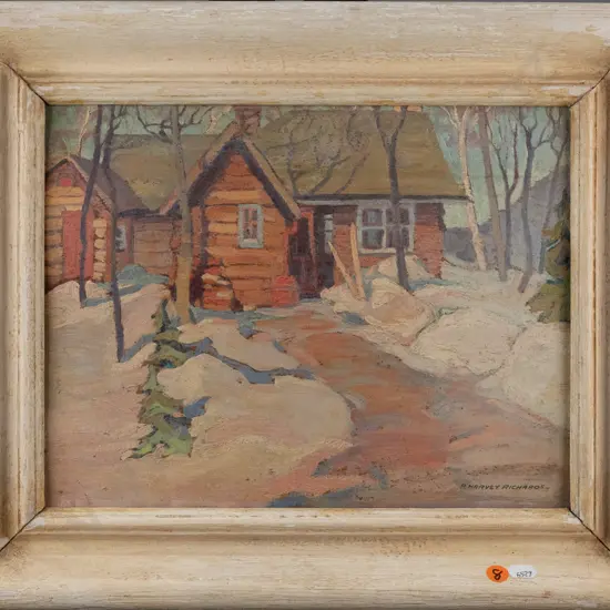 P Harvey Richards - framed oil on board "Gatineau House" H260 W330 (frame needs attention, signs of aging)