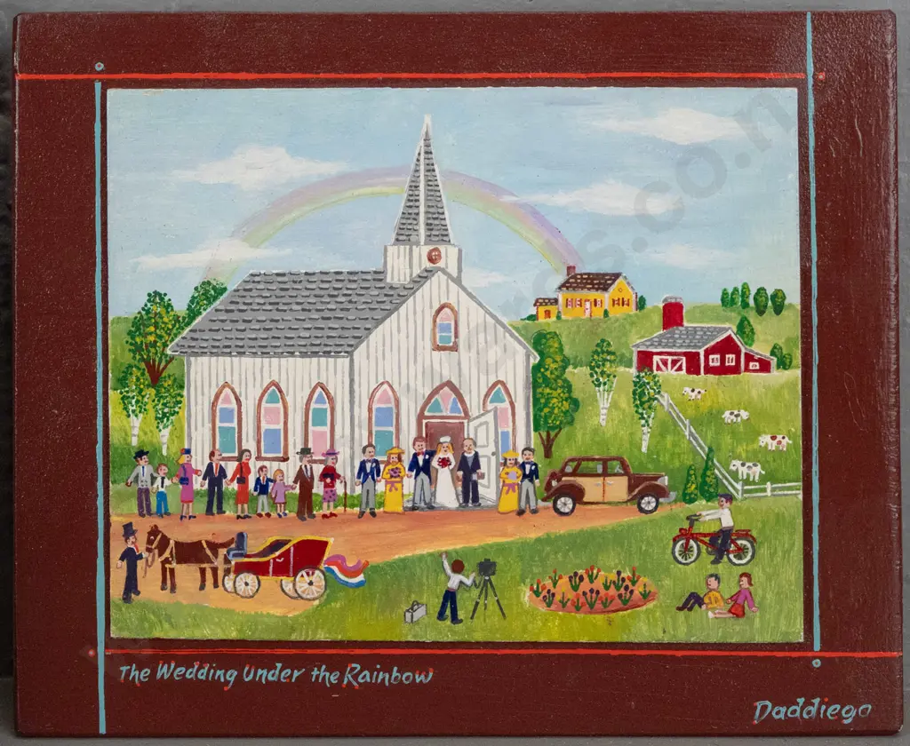 2 pieces of American folk art by Vincent Daddiego- one marked enamel on barnwood & Quarryville, PA - H220 W-270 Image 1++