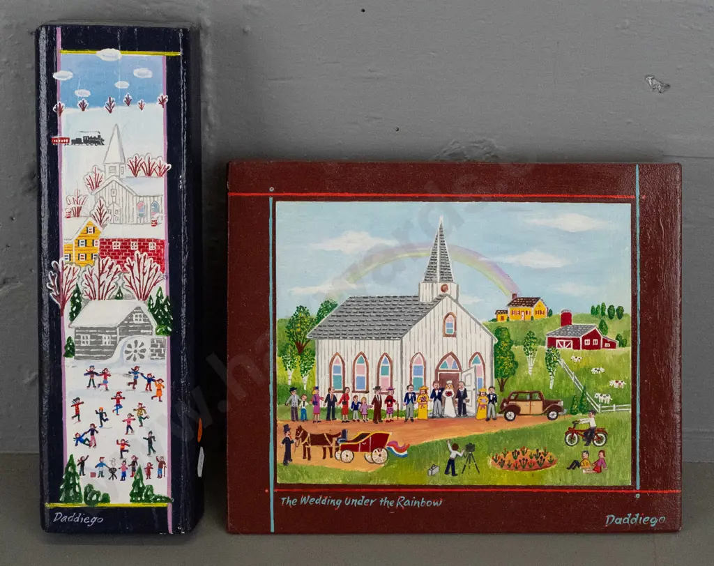 2 pieces of American folk art by Vincent Daddiego- one marked enamel on barnwood & Quarryville, PA - H220 W-270 Image 1++