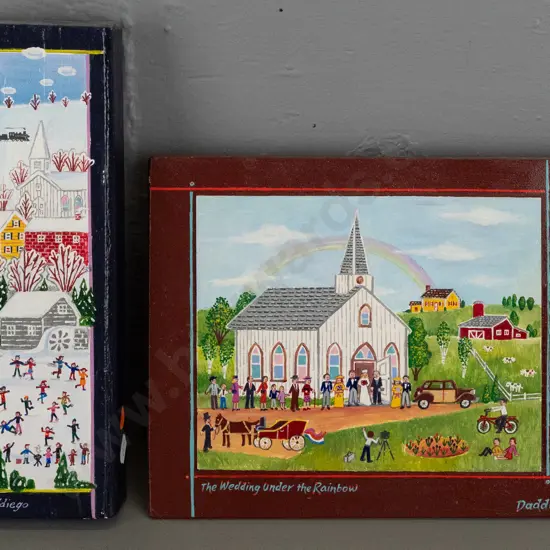 2 pieces of American folk art by Vincent Daddiego- one marked enamel on barnwood & Quarryville, PA - H220 W-270
