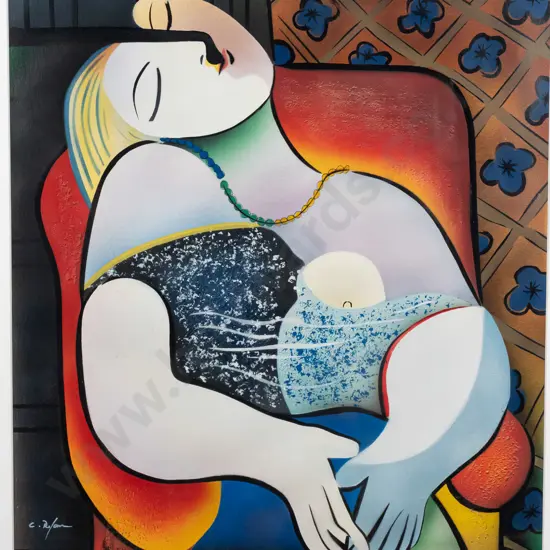 C Ryan - framed mixed media - cubist female portrait H600 W500