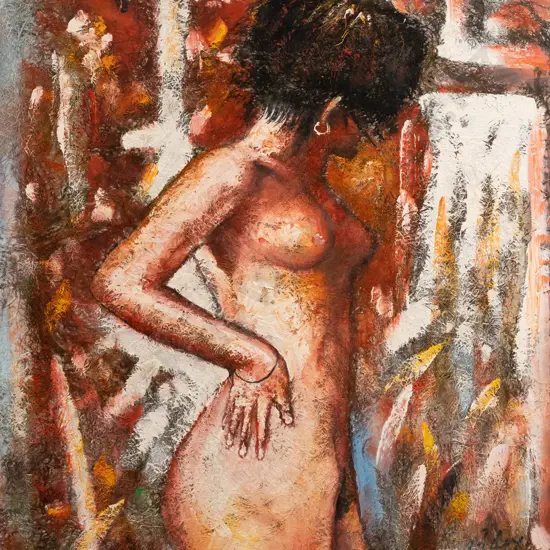 illegible signature - oil on boxed canvas - female nude H610 W510