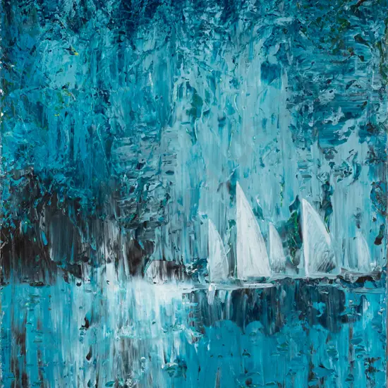 R Murdoch - boxed oil on canvas "Sunday Sail" H510 W410