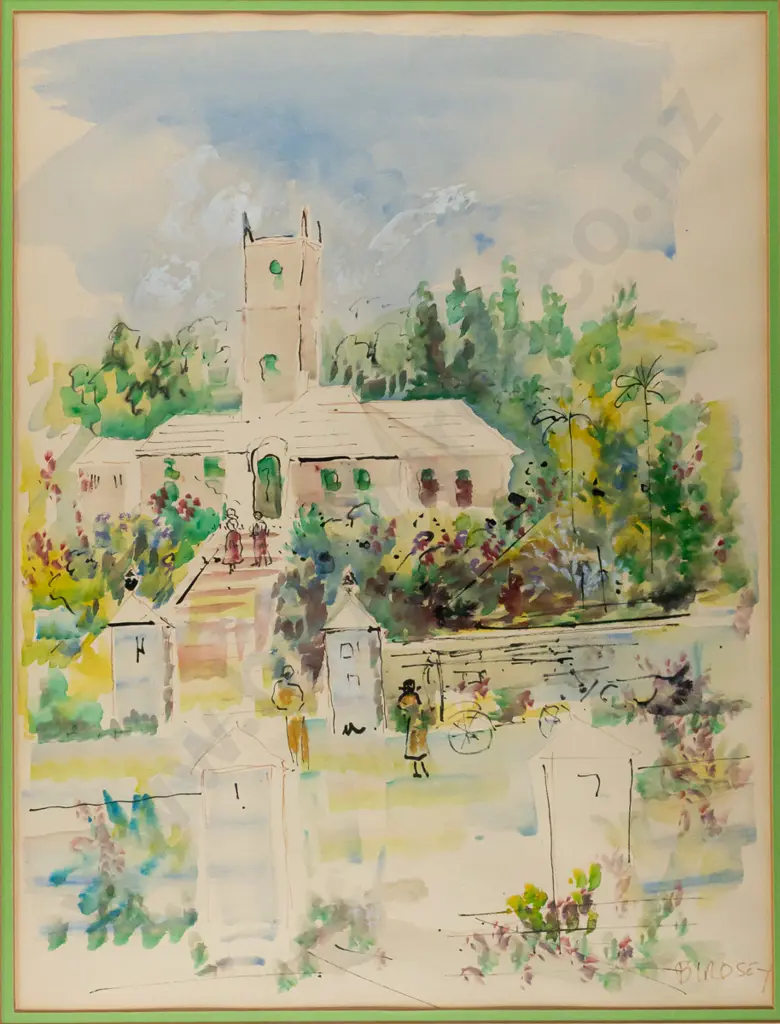 Birdsey - framed watercolour - Christ's Church, Bermuda  H520 W390 Image 1++