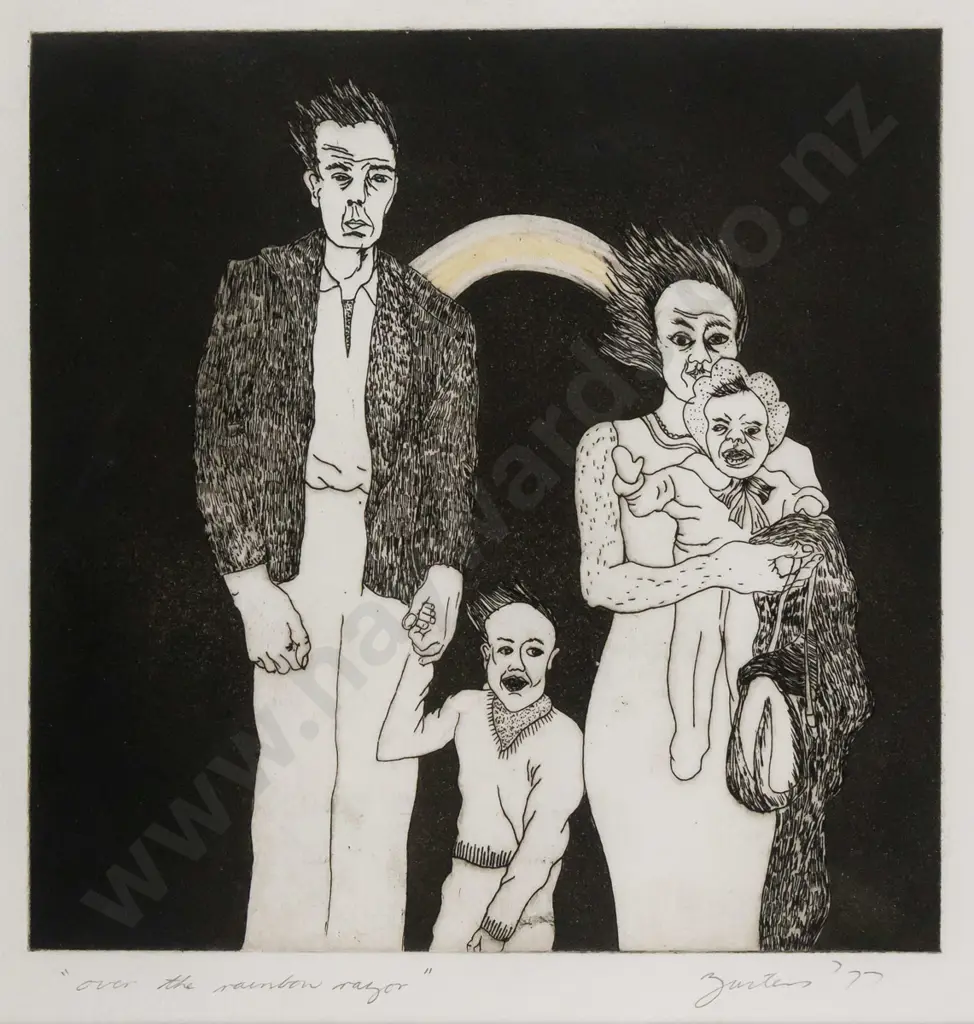 Jane Zusters '77 - framed etching "over the rainbow razor" H240 W240 Image 1++